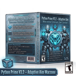 Python Prime V3.2 product artwork for the Warzone Cronus Zen script, featuring adaptive aim controller gameplay tools in a downloadable GPC script for Cronus Zen players.
