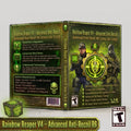 Digital product box art for 'Avenged Bounds R6 - Operator-Based Rainbow Six Siege Cronus Zen Script' shown as a 3D software box mockup with front, back, and a small box icon on a light gray background. The design is predominantly dark green and black with bright neon green glowing accents, featuring a skull target graphic and a soldier illustration.