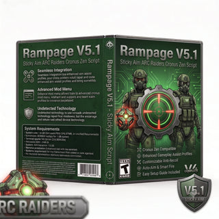 Rampage V5.1 product artwork for the ARC Raiders Cronus Zen script, featuring sticky aim controller gameplay tools in a downloadable GPC script for Cronus Zen players.