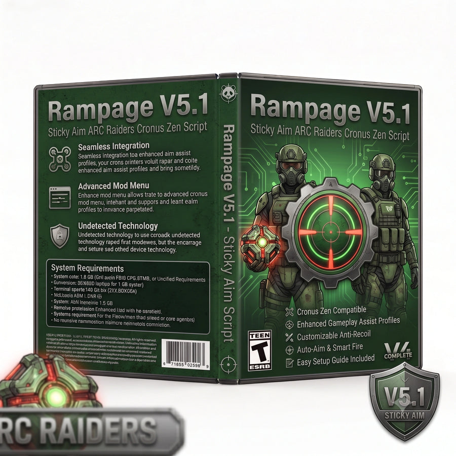 Rampage V5.1 product artwork for the ARC Raiders Cronus Zen script, featuring sticky aim controller gameplay tools in a downloadable GPC script for Cronus Zen players.