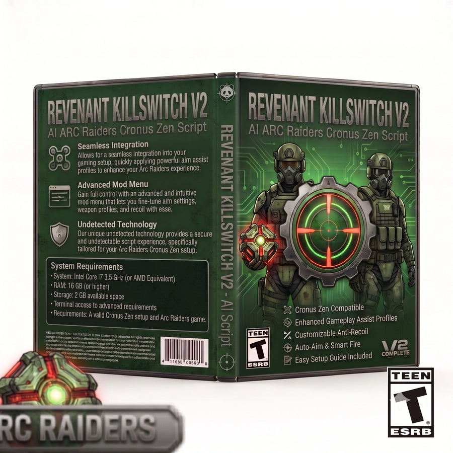 Revenant Killswitch V2 product artwork for the ARC Raiders Cronus Zen script, featuring AI controller gameplay tools in a downloadable GPC script for Cronus Zen players.