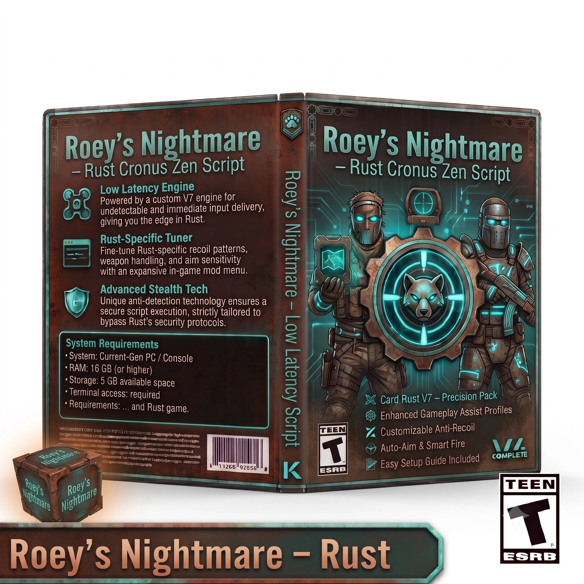 Digital game cover and box art for 'Roey's Nightmare - Rust Cronus Zen Script', showing front and back packaging with character artwork, system requirements, and a small matching cube prop on a white background with an ESRB rating logo.