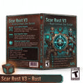 Front and back cover art for Scar Rust V3 – Rust Cronus Zen Script, shown as a boxed game/package design with a small matching cube on a dark background. The package features teal and black graphics, game text, and an ESRB rating logo.