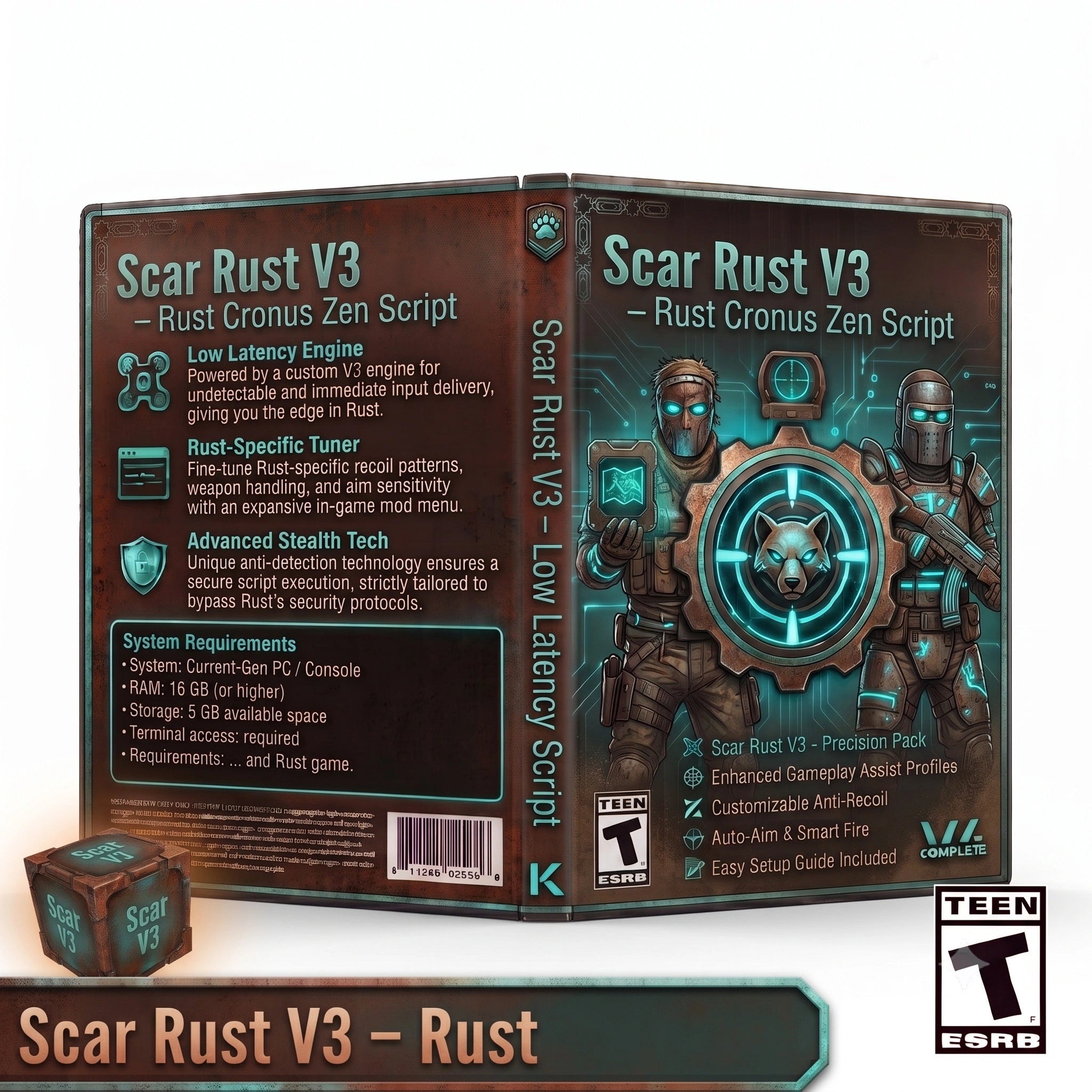 Front and back cover art for Scar Rust V3 – Rust Cronus Zen Script, shown as a boxed game/package design with a small matching cube on a dark background. The package features teal and black graphics, game text, and an ESRB rating logo.