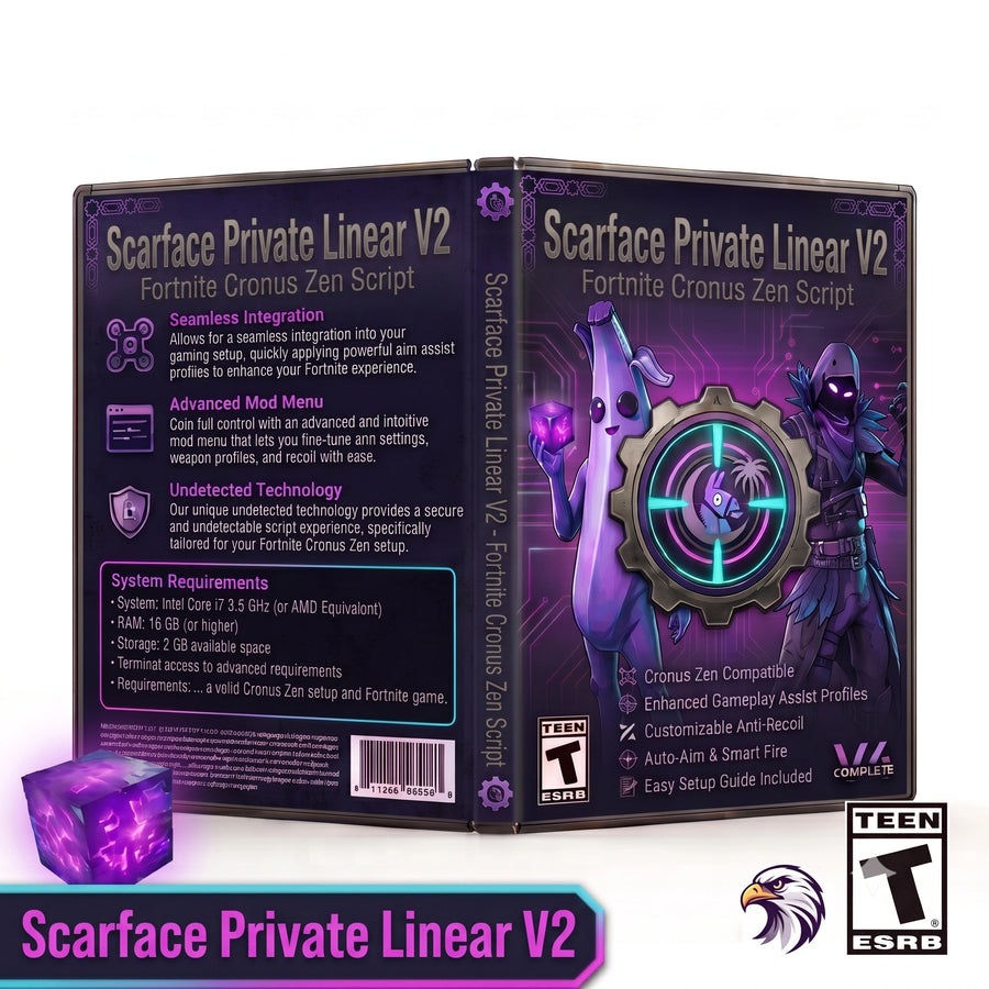 Scarface Private Linear V2 product artwork for the Fortnite Cronus Zen script, a downloadable GPC controller script for Cronus Zen players seeking customizable Fortnite gameplay features and settings.