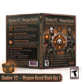 Digital product mockup of a 'Shadow V1.2 - Weapon-Based Black Ops 7' script add-on cover, showing the front cover, back cover, spine, and a small physical box on a black background with an ESRB rating logo.