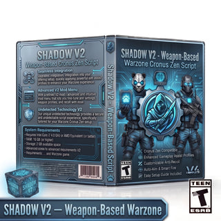 Digital product box art for Shadow V2: Weapon-Based Warzone Cronus Zen Script, showing front and back packaging with a stylized armored character, feature callouts, and an ESRB Teen rating logo on a white background.