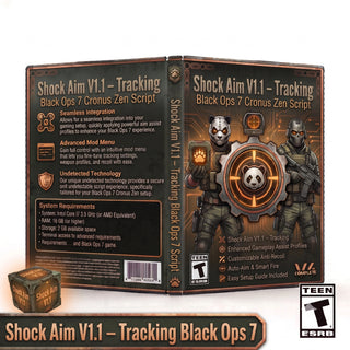Shock Aim V1.1 product artwork for the Black Ops 7 Cronus Zen script, featuring tracking controller gameplay tools in a downloadable GPC script for Cronus Zen players.