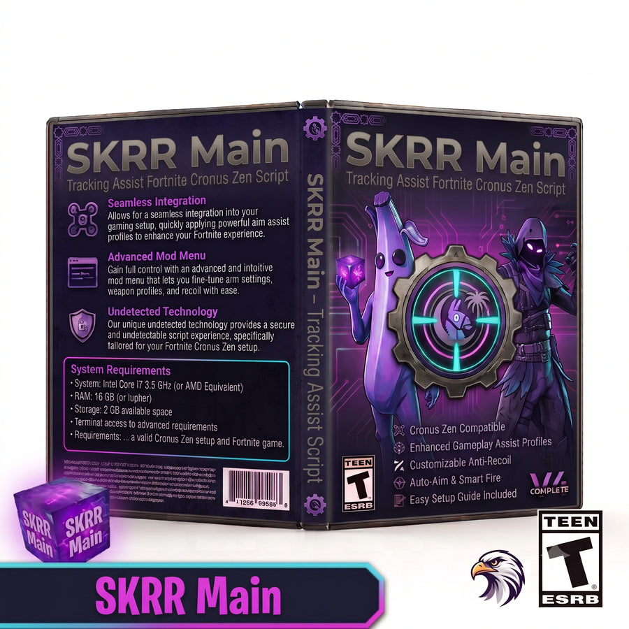 SKRR Main product artwork for the Fortnite Cronus Zen script, featuring tracking assist controller gameplay tools in a downloadable GPC script for Cronus Zen players.