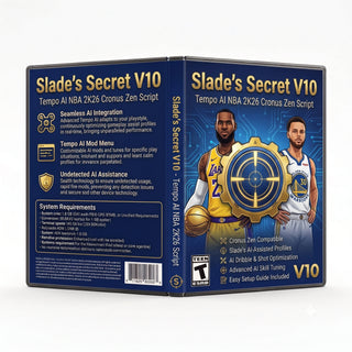 Slade’s Secret V10 product artwork for the NBA 2K26 Cronus Zen script, featuring tempo AI controller gameplay tools in a downloadable GPC script for Cronus Zen players.