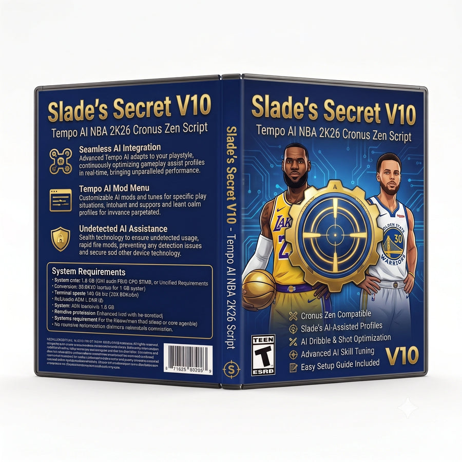 Slade’s Secret V10 product artwork for the NBA 2K26 Cronus Zen script, featuring tempo AI controller gameplay tools in a downloadable GPC script for Cronus Zen players.