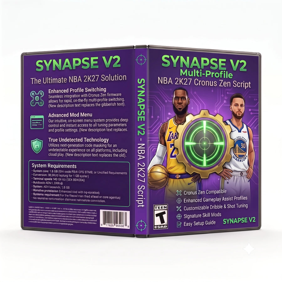 Synapse V2 NBA 2K27 Cronus Zen Script product artwork featuring five-profile shot timing and shooting controls