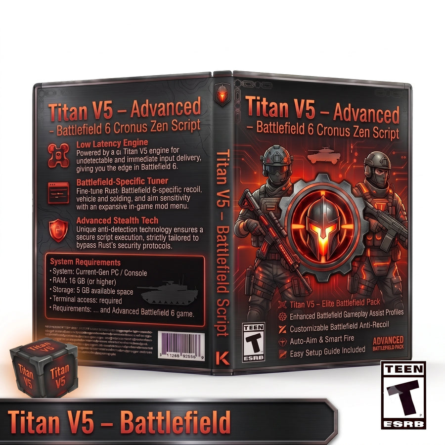 Titan V5 Battlefield 6 Cronus Zen script product artwork featuring advanced aim assist, anti-recoil, weapon profiles and controller gameplay mods.