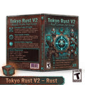 Digital product cover and packaging artwork for Tokyo Rust V2 – Weapon Profile Rust Script, shown as a 3D box mockup with front, back, and spine views, plus a small matching box and an ESRB rating badge on a dark background.
