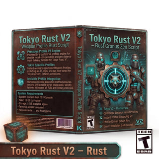 Digital product cover and packaging artwork for Tokyo Rust V2 – Weapon Profile Rust Script, shown as a 3D box mockup with front, back, and spine views, plus a small matching box and an ESRB rating badge on a dark background.