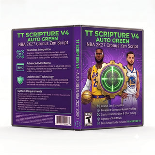 TT Scripture V4 NBA 2K27 Cronus Zen script product artwork featuring auto green and shooting timing modes