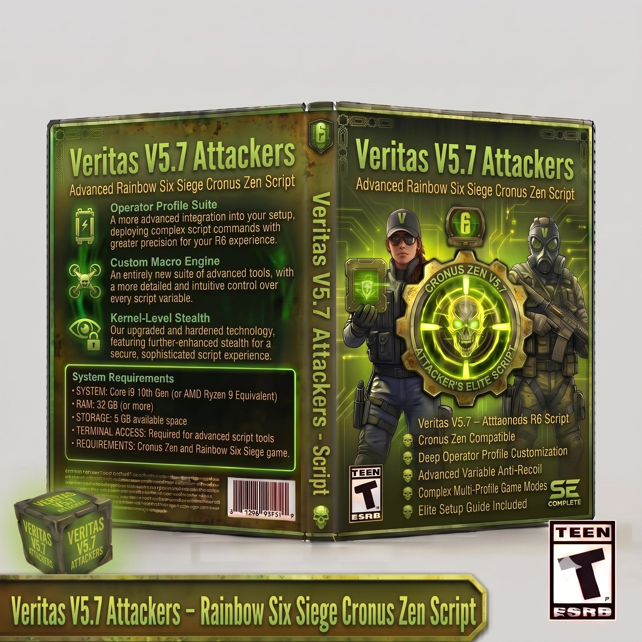 Veritas V5.7 Attackers Rainbow Six Siege Cronus Zen script artwork with operator profiles and adjustable recoil controls
