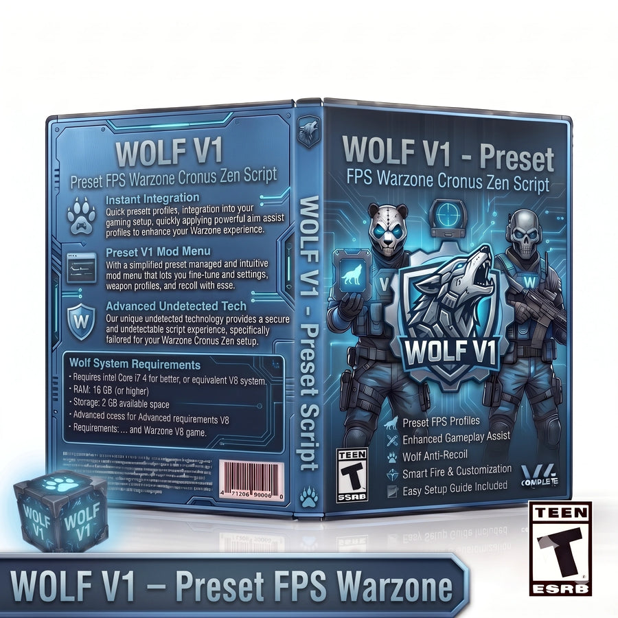 Wolf V1 Warzone Cronus Zen script product artwork with preset FPS aim assist and recoil settings