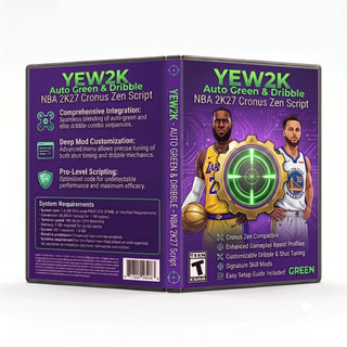 YEW2K NBA 2K27 Cronus Zen Script product artwork featuring Auto-Green, tempo shooting, dribble and defense tools