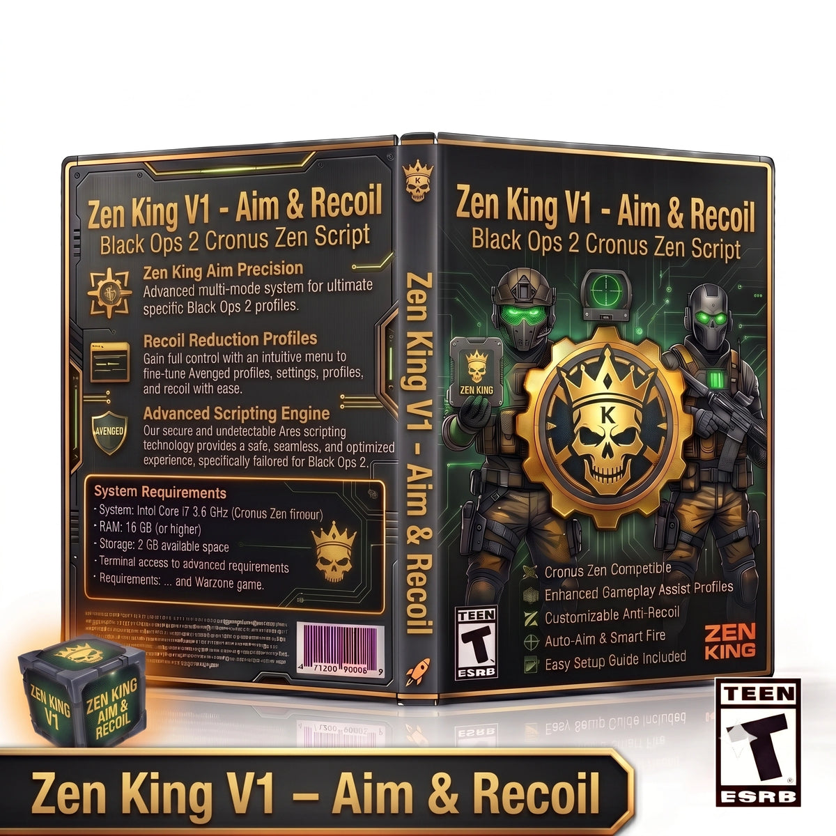 Zen King V1 Black Ops 2 Cronus Zen script product artwork featuring aim assist, anti-recoil, rapid fire and configurable controller gameplay features for Call of Duty Black Ops 2.