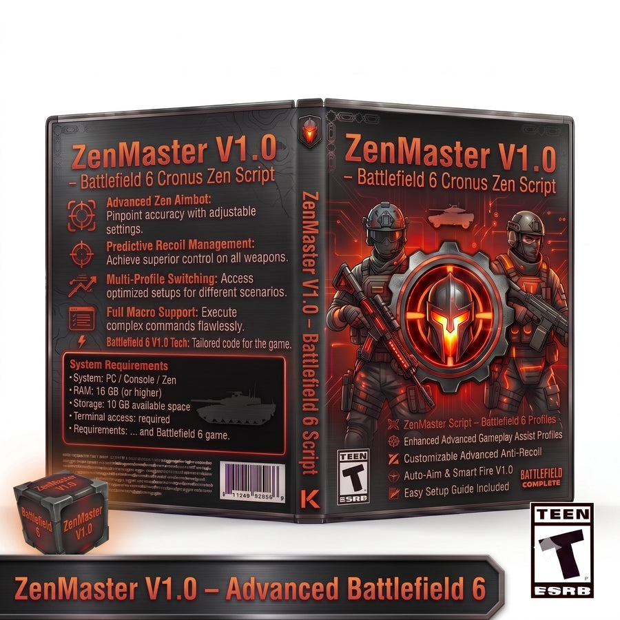 ZenMaster V1.0 Battlefield 6 Cronus Zen Script software box set shown from the front and back, with a small matching box in front.